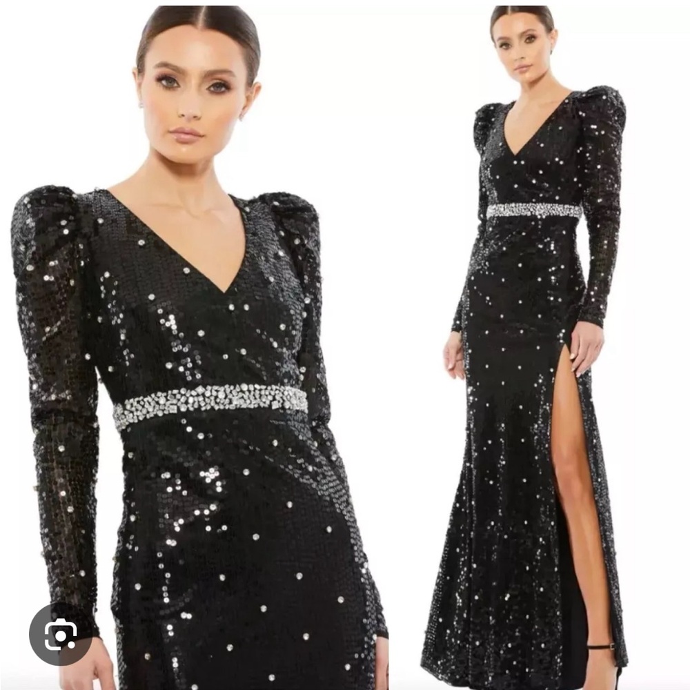 Mac Duggal Black Sequins Long Sleeve Puff Shoulder Rhinestone Formal Dress SZ 12